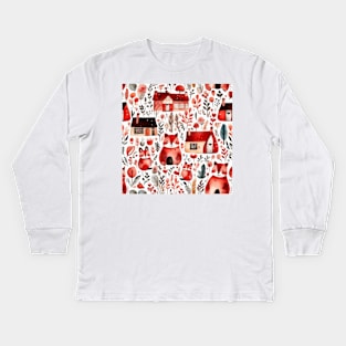 Red houses red village red animals Kids Long Sleeve T-Shirt